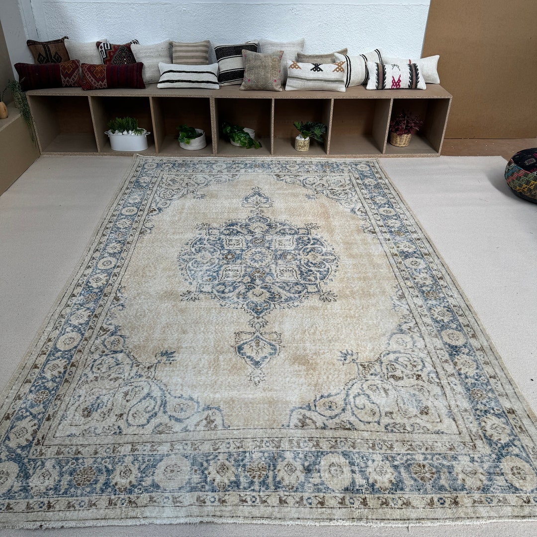 Oversize Rugs Turkish Vintage Oushak for Living Room 6.9x10.5 Ft Blue