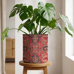 May include: A Monstera plant with large, green leaves in a cylindrical planter. The planter has a detailed pattern in red, blue, and gold. The plant pot is placed on a small, round wooden stool. The stool is made of wood.