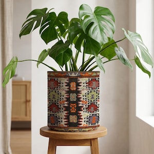 May include: A Monstera plant with large, green, split leaves in a cylindrical planter. The planter features a patterned design with red, orange, and black elements. The plant is on a small, round wooden stool.