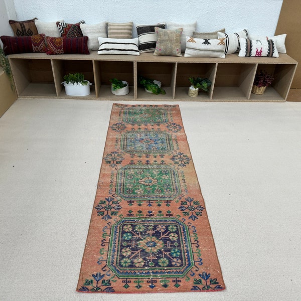 Runner Rugs Vintage Turkish Antique For Hallway 2.7x7.8 ft Green Wool Kitchen Pale Interior Designer Hand Knotted Oushak Oriental Pastel