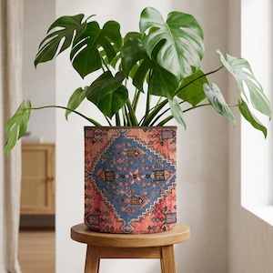May include: A potted Monstera plant with large, green, split leaves. The plant is in a cylindrical pot with a colorful, patterned design in shades of red, blue, and brown. The pot sits on a small, round wooden stool.