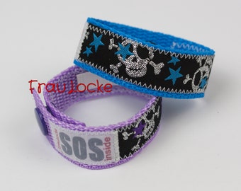SOS bracelet / emergency bracelet for children, glitter sculls