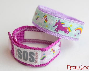 SOS-Armband / Notfallarmband für Kinder Einhörner, wasserfest, Nummer austauschbar, mitwachsend, Kinderfinder für Mädchen & Jungs