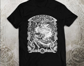 ODIN fighting FENRIR Men&#39;s T-Shirt Norse PAGAN Men Black Wolf Celtic Mythology