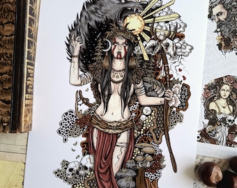 May include: A detailed art print featuring a central figure with long dark hair, wearing a fur-trimmed garment and a red skirt. The figure is surrounded by a large wolf, a sunburst, skulls, mushrooms, and forest elements in black, white, and red ink.