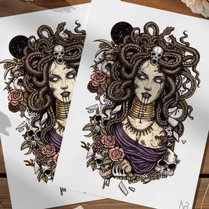 Medusa Art Print | Greek Mythology Wall Decor, Dark Gothic Snakes, Skulls