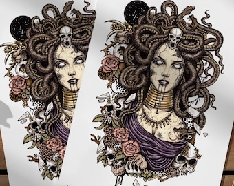 Medusa Art Print | Greek Mythology Wall Decor, Dark Gothic Snakes, Skulls