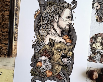 May include: A detailed illustration on white paper featuring a profile of a bearded person with braided hair, a wild boar, mushrooms, apples, and a sword, all framed by dark gray ornamental scrollwork with the initials NB in the corner.