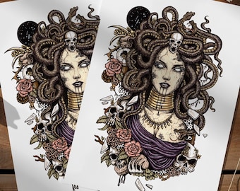 Medusa Art Print | Greek Mythology Wall Decor, Dark Gothic Snakes, Skulls