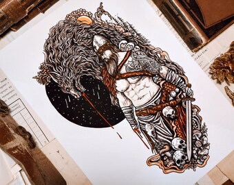 Tyr and Fenrir | Hand signed print | Norse mythology