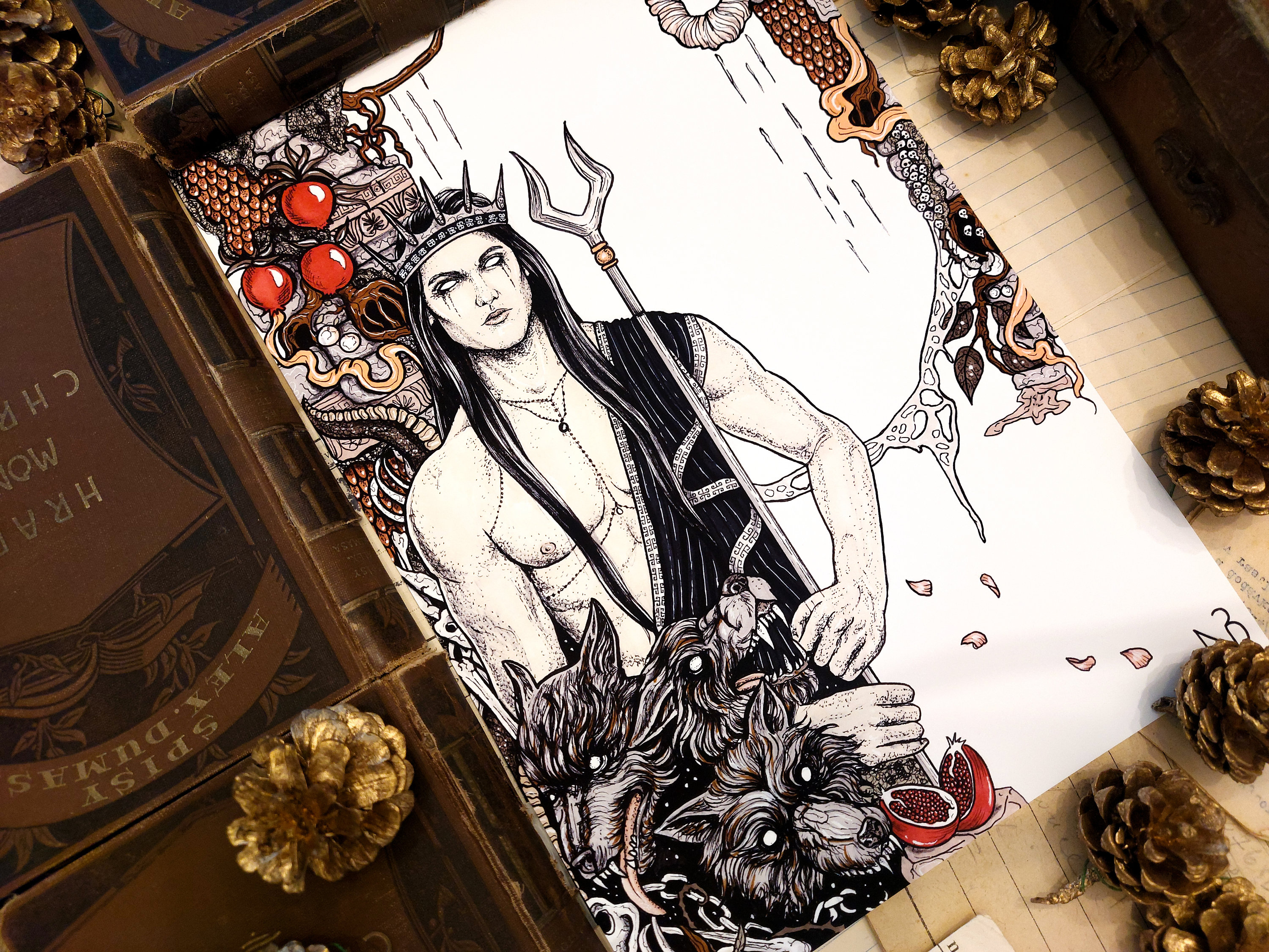 Manhwa style drawing of a greek male god with black hair and tanned skin  wearing a traditional dress and golden jewelry