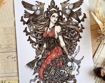 May include: A detailed art print featuring a central female figure with long flowing hair, flanked by two birds. She wears a red dress with white runic symbols and a dark corset. A large hammer icon sits at the bottom, surrounded by wheat and vines.