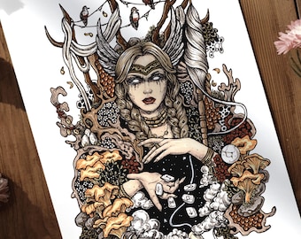 May include: An intricate illustration on paper featuring a central figure with braided hair and a winged headpiece, surrounded by antlers, birds, and clusters of mushrooms. The figure holds small white stones marked with runes in their hands.