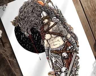Tyr and Fenrir | Pagan art print | God of War decor