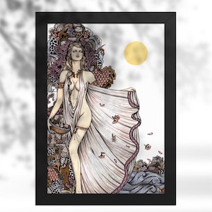 May include: A framed art print featuring a stylized illustration of a figure in a flowing white garment, holding a bowl of fruit. The background includes intricate patterns, a golden sun, and stylized waves, all enclosed in a black frame.