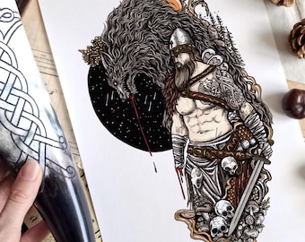 May include: An illustration on white paper featuring a bearded warrior in a helmet with a sword, standing beside a large wolf with a dark starry background. The warrior has intricate arm tattoos and is surrounded by skulls and mushrooms.
