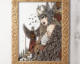 Könnte beinhalten: Eine gerahmte Illustration einer geflügelten Frau, die einen gehörnten Helm und einen Federumhang trägt. Sie steht in einer Waldkulisse mit einem Krieger im Hintergrund. Das Bild ist in einem goldenen Rahmen mit aufwendigen Schnitzereien.