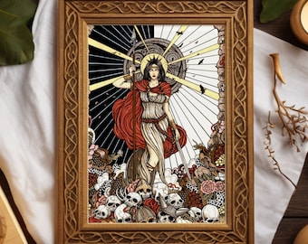 May include: A framed illustration of a woman in a white dress and red cloak, holding a spear and standing on a pile of skulls. The background is a black and white abstract design.