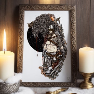 Tyr and Fenrir | Hand signed print | Norse mythology