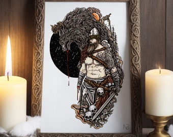 Tyr and Fenrir | Hand signed print | Norse mythology
