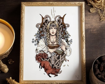 Könnte beinhalten: Eine gerahmte Illustration einer Frau mit langen blonden Haaren, die eine Krone trägt und eine Schale hält. Sie ist umgeben von komplizierten keltischen Knoten und floralen Mustern. Die Illustration ist in einem goldenen Rahmen.