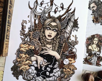 Lámina artística de Frigg, diosa nórdica / Regalo pagano para amantes de la cultura vikinga.