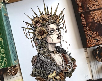 May include: An art print featuring a profile illustration of a person wearing a spiked crown adorned with sunflowers, chains, and small flowers. The figure has braided hair, dark clothing with forest imagery, and mushrooms at the base.