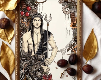 May include: A framed illustration featuring a long-haired figure wearing a crown and holding a trident, accompanied by a three-headed dog. The artwork includes pomegranate motifs, intricate line work, and a black drape against a cream background.