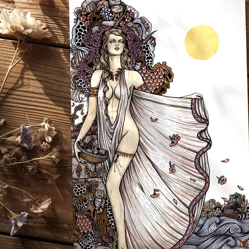 Blond-haired Aphrodite, the Greek goddess of love and beauty, holds a bowl of seashells near the ocean, surrounded by pink flowers.