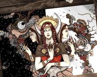 May include: A detailed illustration featuring a central figure with three faces, wearing a crescent moon crown and red clothing. The artwork displays intricate patterns of mushrooms, branches, and celestial elements against a split black and white background.