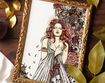 May include: A framed art print featuring a detailed illustration of a figure with long red hair, a floral crown, and a white draped garment. The artwork includes pomegranate motifs, skull imagery, and intricate botanical patterns in shades of red, black, and white, all encased in an ornate gold-colored frame.