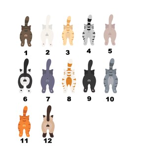 May include: Twelve different illustrations of cats from behind, each with a different color and pattern. The cats are numbered 1 through 12.