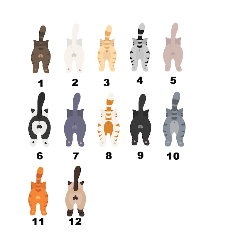 May include: Twelve different illustrations of cats from behind, each with a different color and pattern. The cats are numbered 1 through 12.
