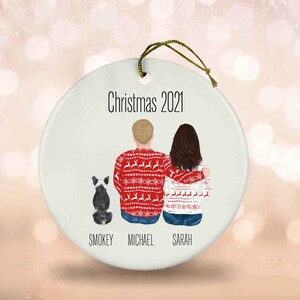 Couple Christmas Ornament with Dog, Custom Couple Ornament, 2021 Ornament, Husband Wife Names Ornament