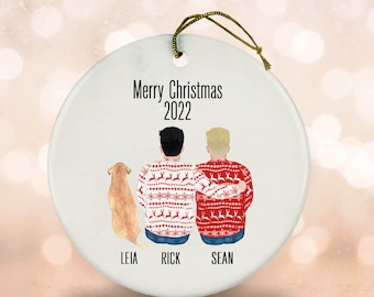 Gay Couple Christmas Ornament, Custom Family Ornament, 2023 Ornament, Dog Ornament, Family Christmas Ornament, Couple with Dog Gift
