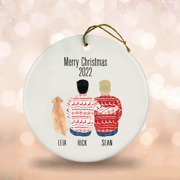 Gay Couple Christmas Ornament, Custom Family Ornament, 2023 Ornament, Dog Ornament, Family Christmas Ornament, Couple with Dog Gift