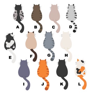 May include: A chart with 12 different cat illustrations, each with a letter label from A to L. The cats are all facing away from the viewer, with their tails curled up. The cats are in various colors, including black, white, gray, brown, orange, and calico.