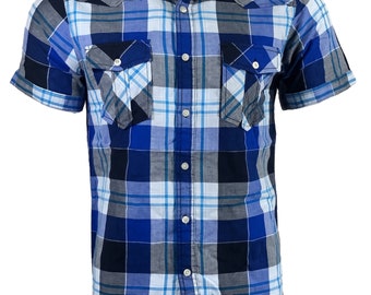 RAW STATE AFFLICTION Men's Button Down Shirt Short Sleeve Outwear Blue