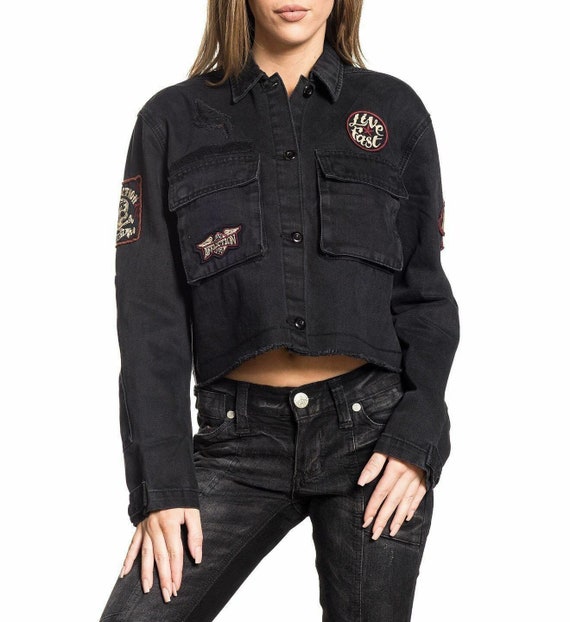 Black denim jacket with patches 2025