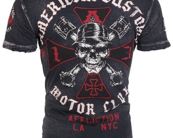 AFFLICTION T-shirt homme douane américaine crâne de fer coupe régulière noir S-3XL NWT