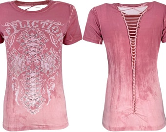 Affliction Women's T-Shirt Lace & Faith Silver Pink