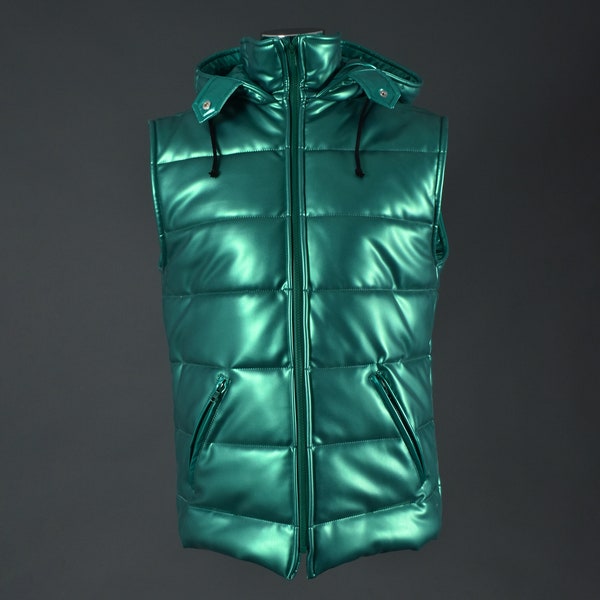 Latex-Steppweste in Metallic-Grün, Weste aus Latex, Latex Puffer Vest, Latexjacke, Gummiweste