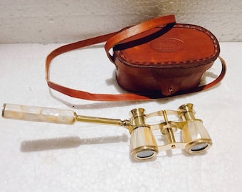 Messing Opernglas, Perlmutt Fernglas, Vintage Ledertasche