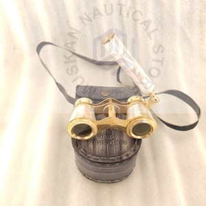 Binoculars Brass Mother of Pearls White Seep Opera Glass Binocular Marine Maritime Nautical Leather Box Woman&#39;s Day, Valentine&#39;s Day Gifts