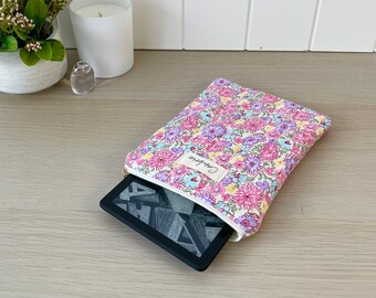 Quilted Rainbow Floral Kindle / E-Reader Sleeve, Kindle / E-Reader Protector, Kindle / E-Reader Pouch with Cream Lining