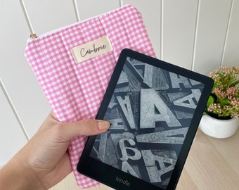 Quilted Pink Gingham Kindle / E-Reader Sleeve, Kindle / E-Reader Protector, Kindle / E-Reader Pouch with White Lining