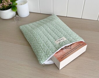 Custodia per libro grande trapuntata con fiori verde salvia, copertina per libro, protezione per libri, custodia per libri con fodera bianca