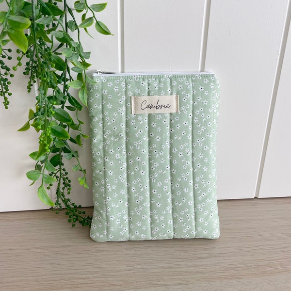 Quilted Sage Green Kindle / E-Reader Sleeve, Kindle / E-Reader Protector, Kindle / E-Reader Pouch with White Lining