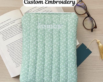 PERSONALISED Quilted Book Sleeve, Book Cover, Book Protector, Book Pouch - Sage Green Flower with White Lining