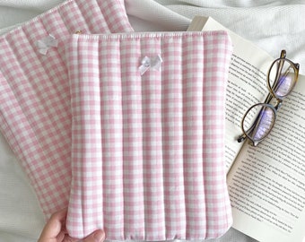 Quilted Book Sleeve: Baby Pink Gingham Fabric Book Cover with Bow